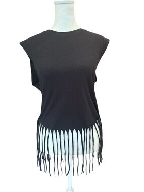 Pepin Black Short Sleeve Tee with Fringe Hem